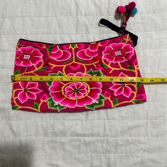 Floral Embroidered Clutch with Pom Poms - Picture 6 of 6